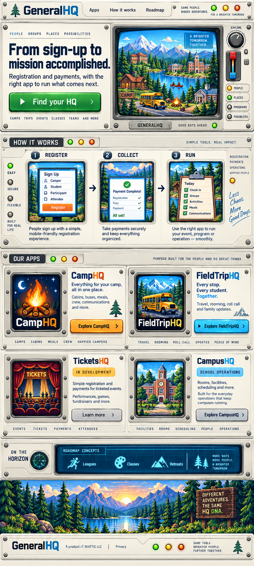 GeneralHQ concept: a retro adventure-inspired interface for registration, payments, camps, trips, and events